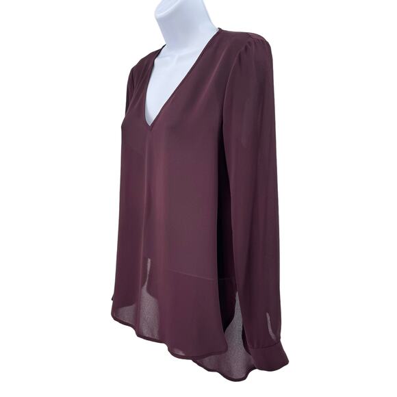 Bar III Burgundy Long Sleeve V-Neck Chiffon Blouse Womens S Hi Low Relaxed Fit - Picture 5 of 8